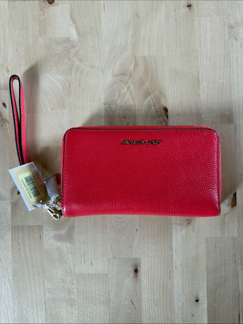 Michael Kors Sea Coral Zip-Around Leather Wristlet with Gold Logo